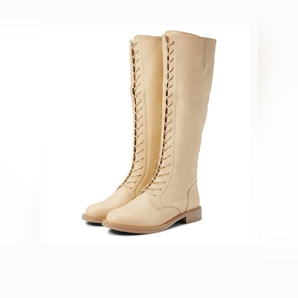 Sam Edelman Nance Elegant Beige Knee-High Lace-Up Boots In Eggshell - Picture 2 of 13